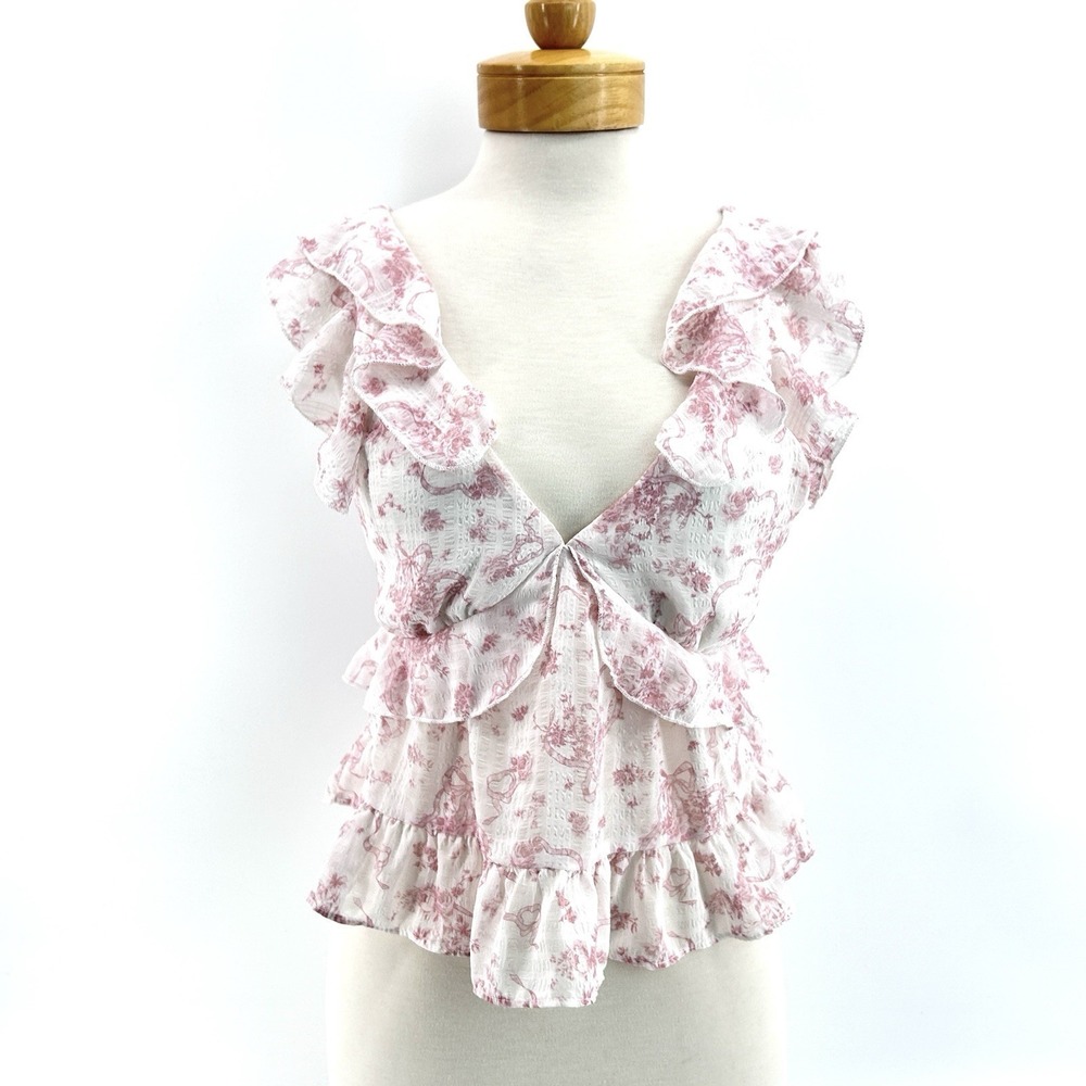 Coquette Pink Floral Open Back Crop Top M Milkmaid Ruffle‎ Cottagecore Sheer